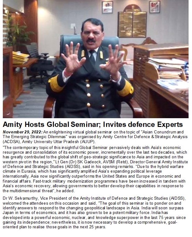 Global Seminar on “Asian Conundrum and the Emerging Strategic Dilemmas” held at Amity Univ - Amity Events