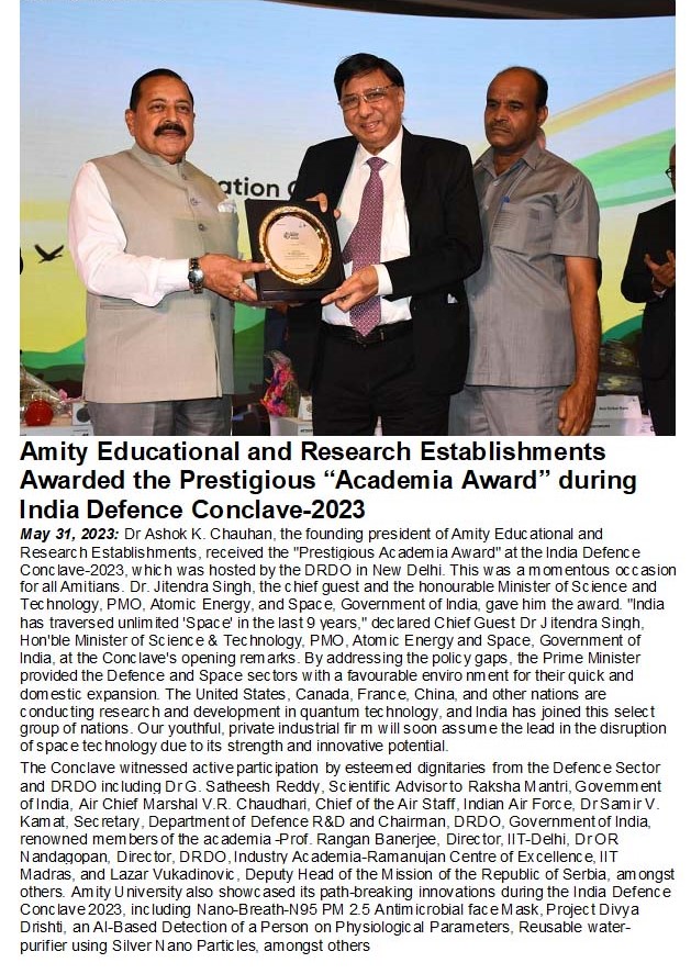 Amity awarded the prestigious “Academia Award” during India Defence Conclave-2023 - Amity Events
