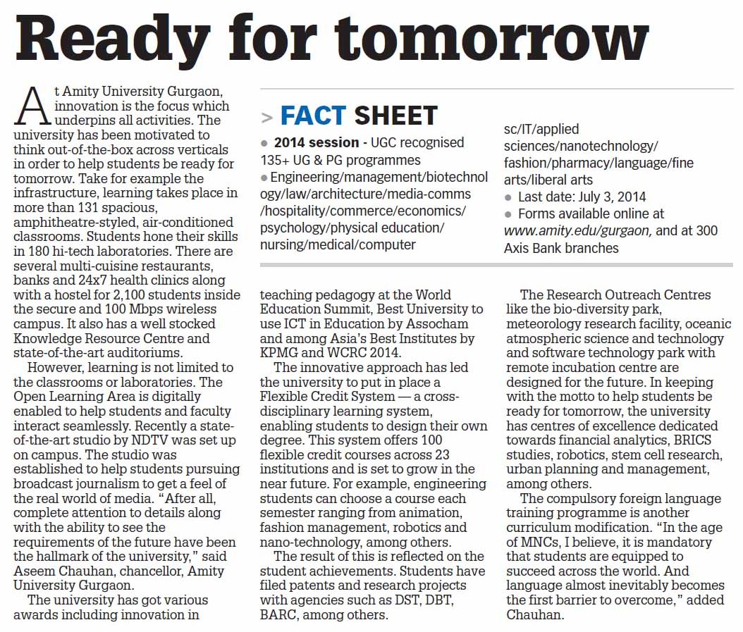 Ready for tomorrow - Article on Amity University Manesar, Gurgaon
