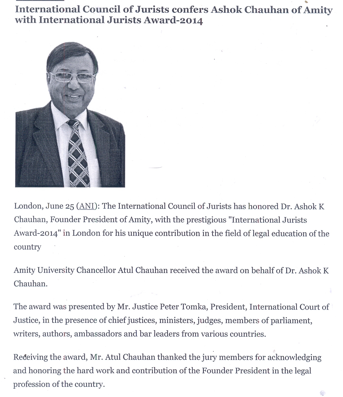 International Council of Jurists confers Ashok Chauhan of Amity with International Jurists Award