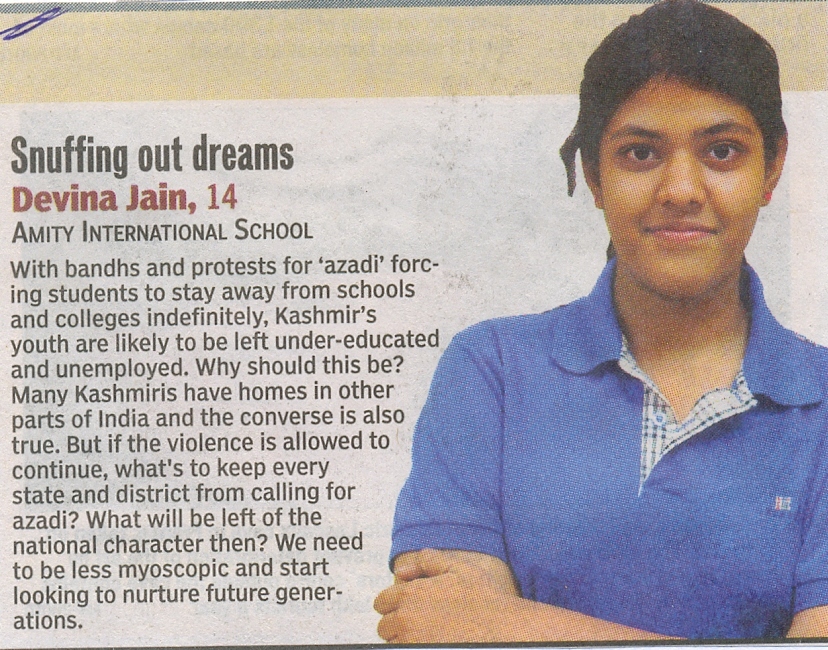 Snuffing out dreams- Quote of Devina Jain student of Amity International School