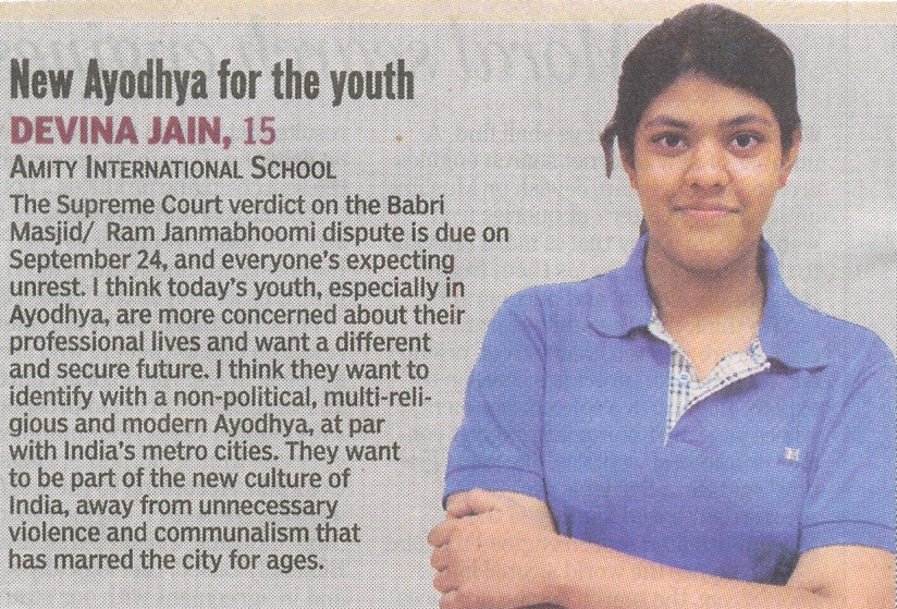 New Ayodhya for the youth- Quote of Devina Jain, Student of Amity International School