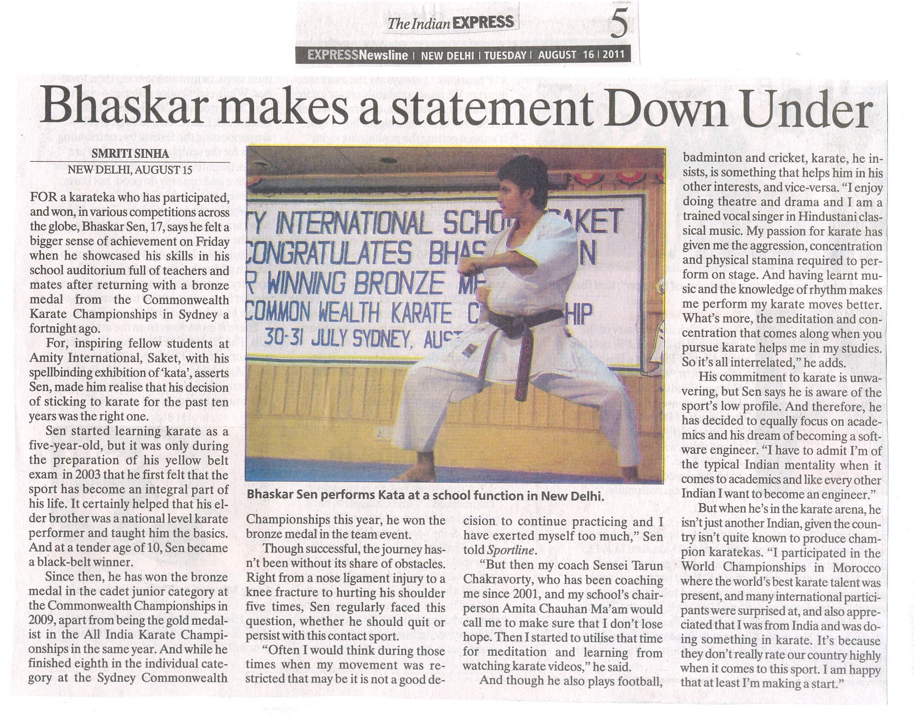 Bhaskar Sen of AIS Saket won the Bronze Medal for Commonwealth Karate Championship in Sydney